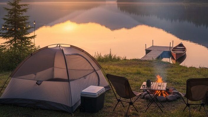 Een koepeltent, twee klapstoelen en een brandend kampvuur staan aan de oever van een kalm bergmeer bij zonsondergang. (AI-gegenereerd)